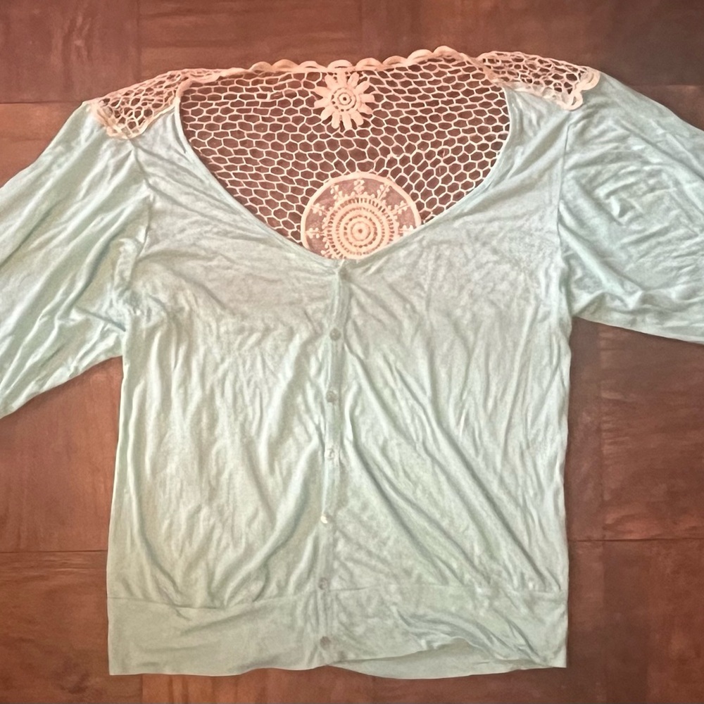 Carol Rose cardigan with crochet cut out design on the upper back. Cottage Core